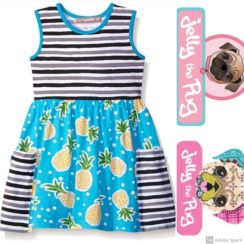 Jelly The Pug Girls Pineapple Print Knit Dress Boutique Blue 3T 12 14 Casual‎